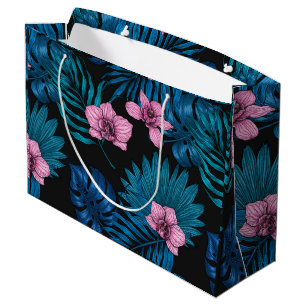 Orchids and palm leaves, pink and blue on black large gift bag