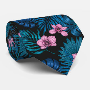 Orchids and palm leaves, pink and blue on black neck tie