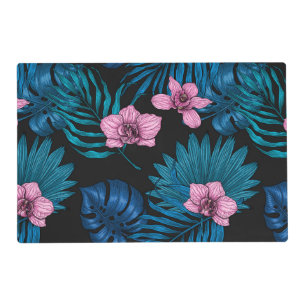 Orchids and palm leaves, pink and blue on black placemat