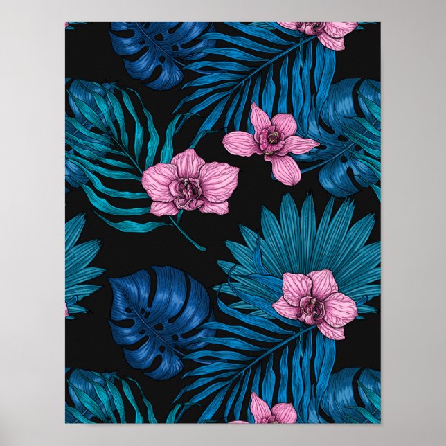 Orchids and palm leaves, pink and blue on black poster (Front)