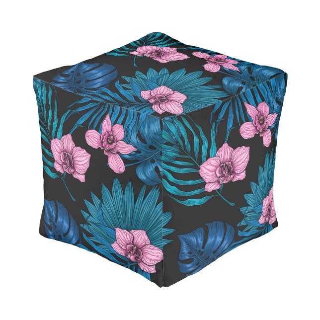 Orchids and palm leaves, pink and blue on black pouf (Angled Front)