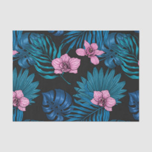 Orchids and palm leaves, pink and blue on black tissue paper