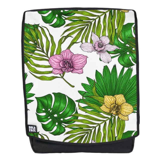 Orchids and palm leaves, pink, yellow, green and w backpack (Front)