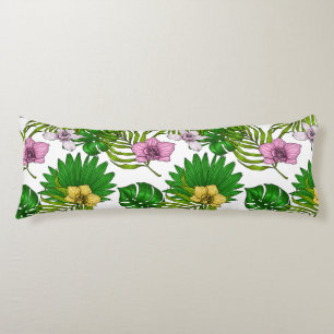 Orchids and palm leaves, pink, yellow, green and w body pillow