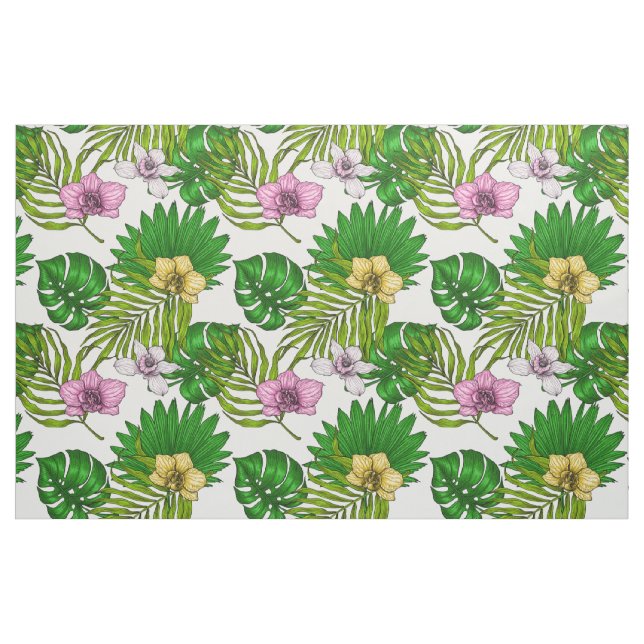 Orchids and palm leaves, pink, yellow, green and w fabric (Fat Quarter)