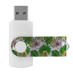 Orchids and palm leaves, pink, yellow, green and w flash drive
