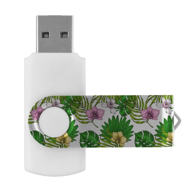 Orchids and palm leaves, pink, yellow, green and w flash drive (Opened)
