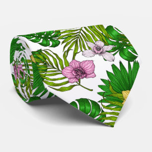 Orchids and palm leaves, pink, yellow, green and w neck tie