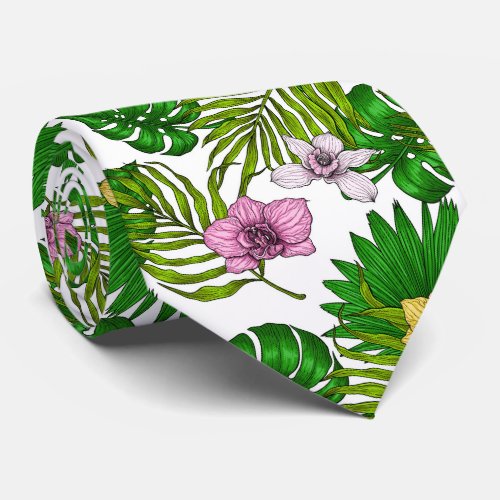 Orchids and palm leaves pink yellow green and w neck tie