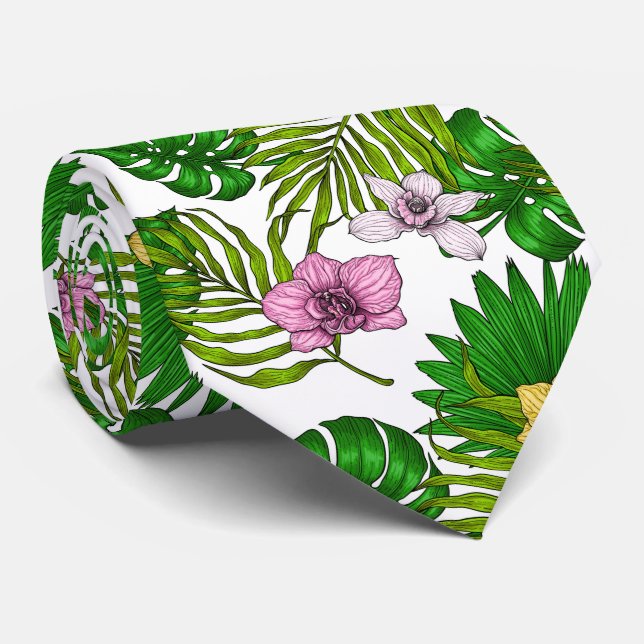 Orchids and palm leaves, pink, yellow, green and w neck tie (Rolled)