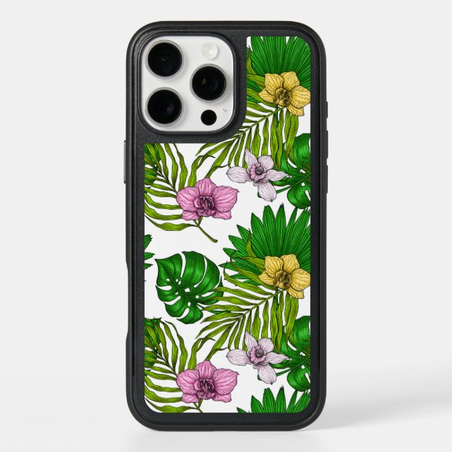 Orchids and palm leaves, pink, yellow, green and w otterbox iPhone case (Back)