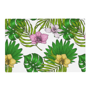 Orchids and palm leaves, pink, yellow, green and w placemat