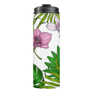 Orchids and palm leaves, pink, yellow, green and w thermal tumbler