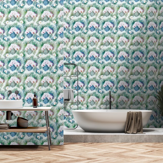 Orchids and Palm Leaves Tropical Greenery Wallpaper (Bathroom)