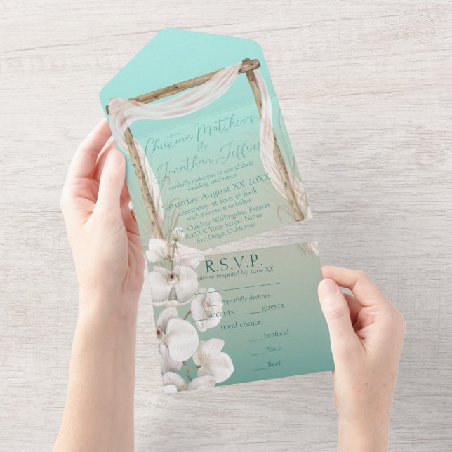 Orchids & Boho Arch on the Beach Wedding All In One Invitation (Tearaway)