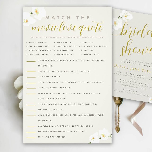 Orchids Bridal Shower Game Match Movie Quotes  Flyer (movie love quote bridal shower game orchids ecru ivory gold calligraphy)