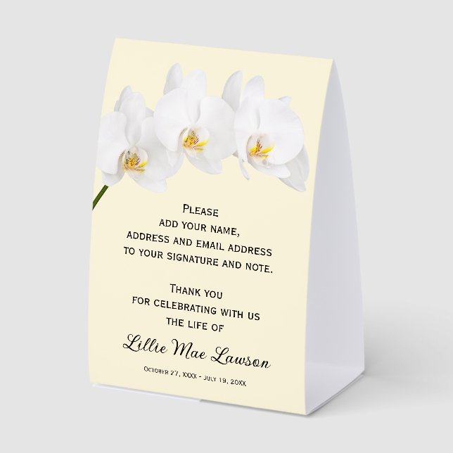 Orchids Celebration of Life Guest Book Paper Table Tent (Front)