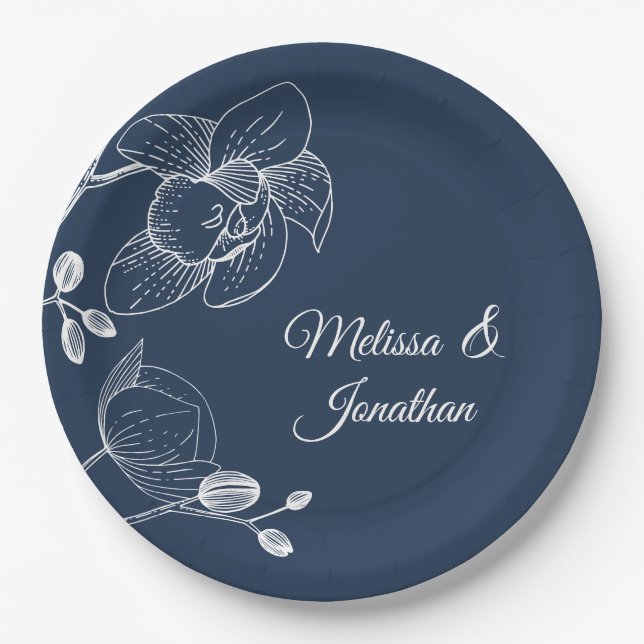 Orchids floral modern blue elegant wedding paper plates (Front)