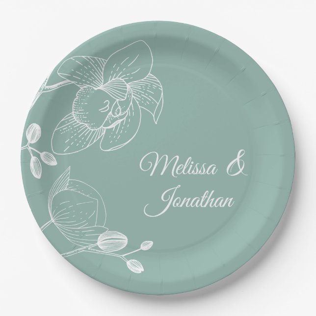 Orchids floral modern green elegant wedding paper plates (Front)