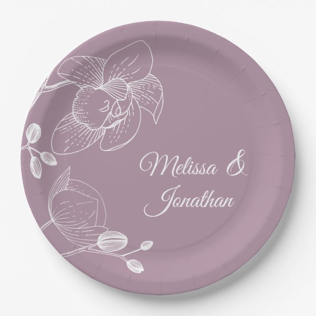 Orchids floral modern purple elegant wedding  paper plates (Front)