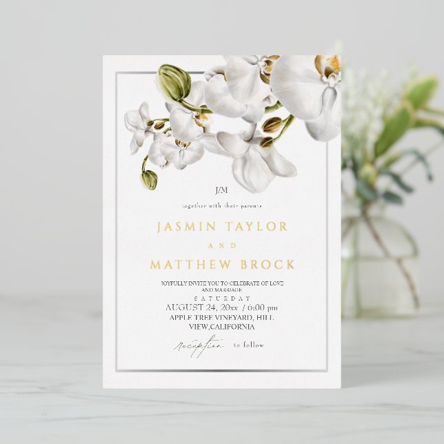 Orchids Frame Elegant Wedding Foil Invitation (Standing Front)