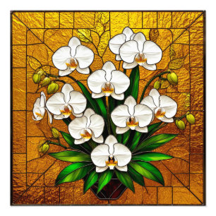Orchids in a Stained Glass Artwork With Gold Photo Print