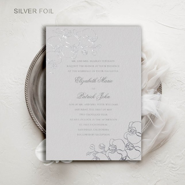 Orchids Ivory Formal Traditional Parents Wedding Foil Invitation (orchids wedding invitation formal traditional modern classic double frame ivory silver foil)