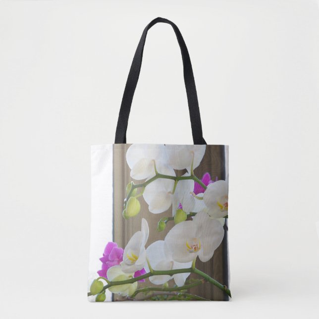 Orchids on an all over printed tote bag (Front)