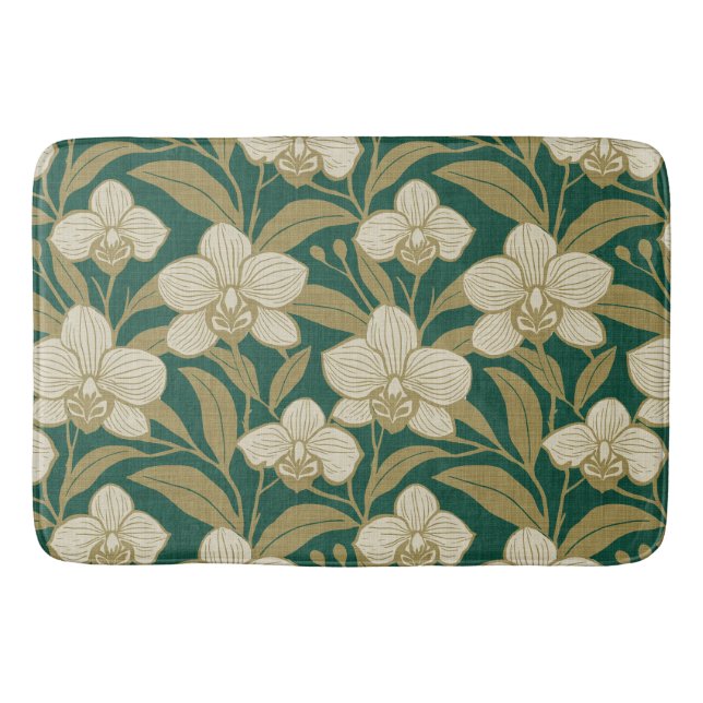 Orchids on emerald green pattern bath mat (Front)