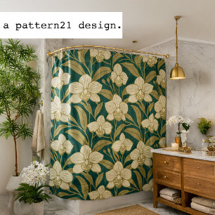 Orchids on emerald green pattern shower curtain
