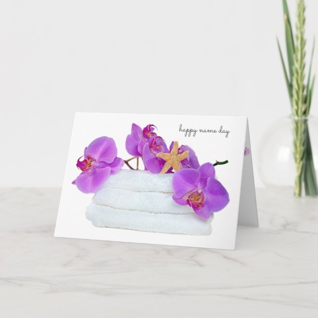 orchids on white towels with starfish Name Day Card (Front)