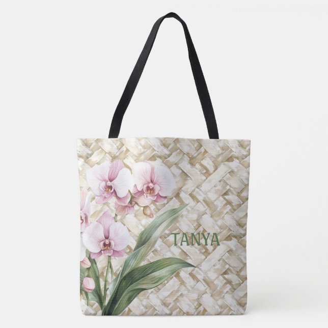 Orchids on Woven Pattern | Personalized Tote Bag (Front)