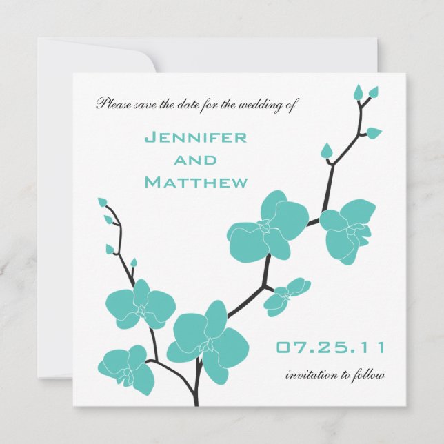 Orchids Save the Date - Turquoise Blue and Black (Front)