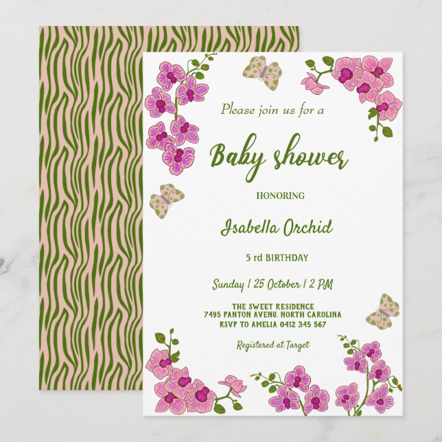 Orchids Tropical Butterfly Baby Shower Invitation (Front/Back)