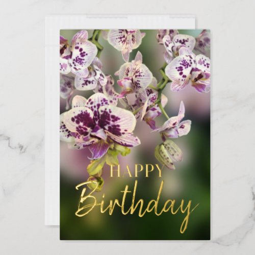 Orchids Tropical  Floral Happy Birthday Real Gold Foil Holiday Card