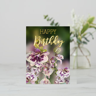 Orchids Tropical Floral Happy Birthday Real Gold Foil Holiday Postcard