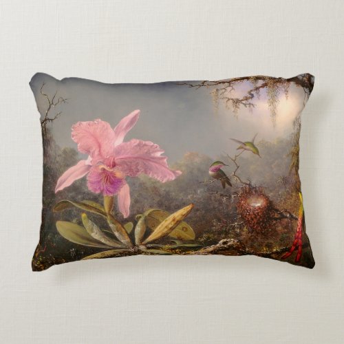 ORCHIND AND THREE HUMMINGBIRDS ACCENT PILLOW