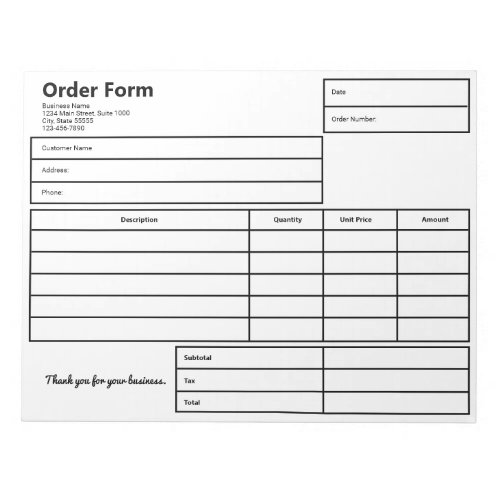 Order Form Black and White Business Template Notepad