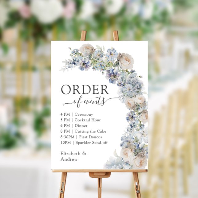 Order of Events Elegant Dusty Blue Flowers  Foam Board (Creator Uploaded)