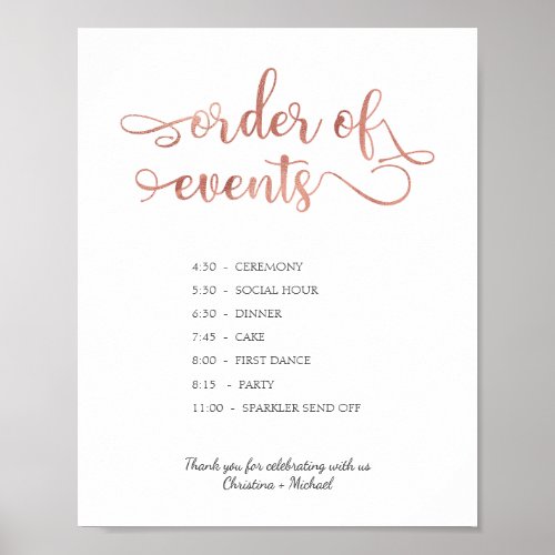 Order of events rose gold schedule Wedding Sign