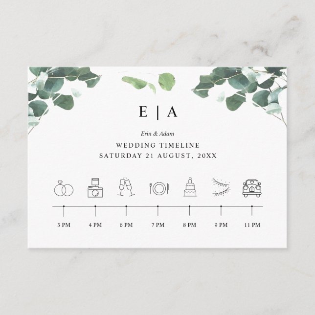 Order of Events Timeline Greenery Wedding Sign Enclosure Card (Front)