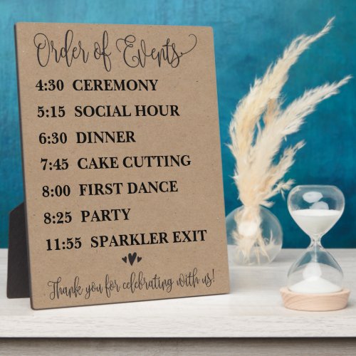 Order of Events Wedding Schedule Sign Plaque