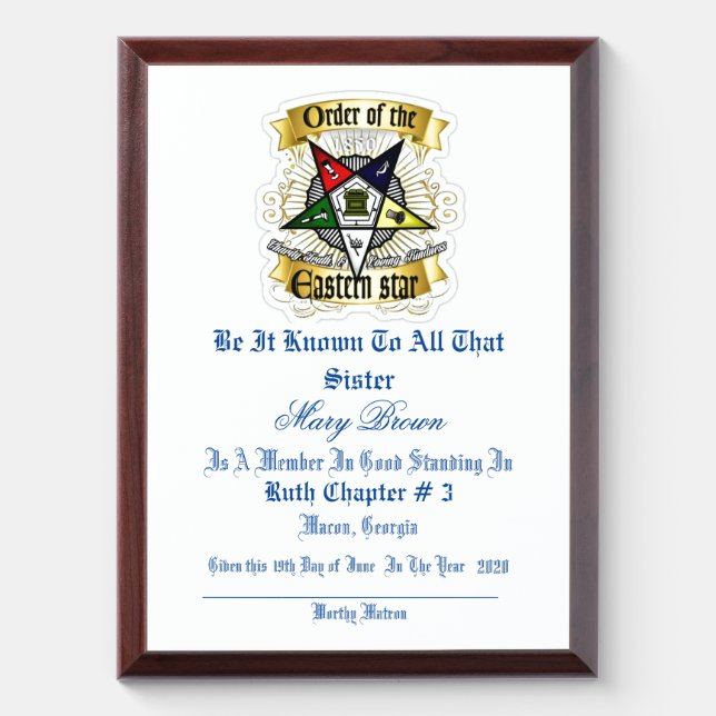 Order or Eastern Star Award Plaque (Vertical)