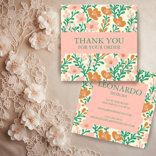 Order THANK YOU Cute Custom Pink Floral Flowers Square Business Card