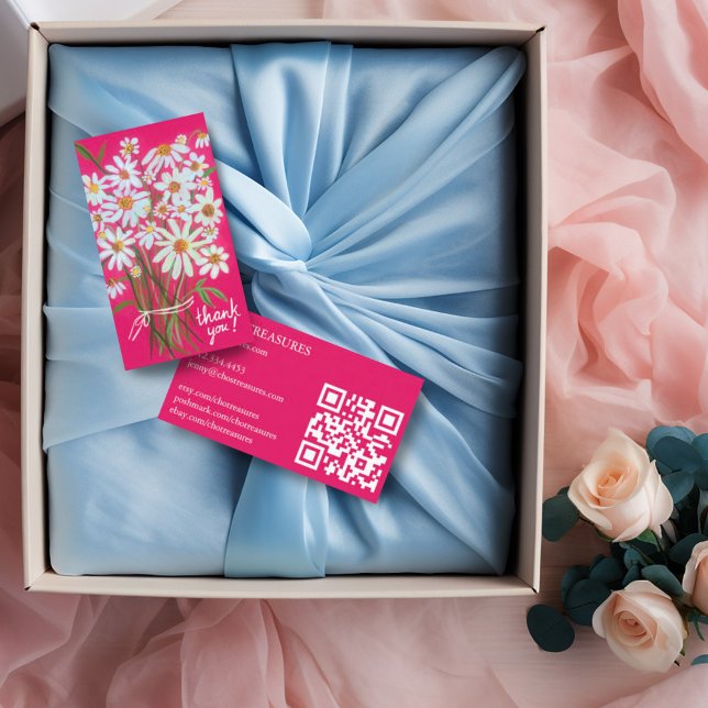 Order THANK YOU Cute Daisy Bouquet Pink QR Code  Business Card (Pink watercolor daisy bouquet thank you note business card with QR code)