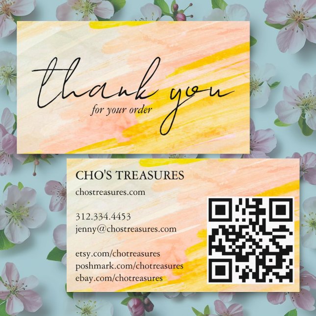 Order THANK YOU Pretty Minimalist Pastel Oil Paint Business Card (Custom thank you card for customer appreciation in your shipping packages. QR code and handmade art)