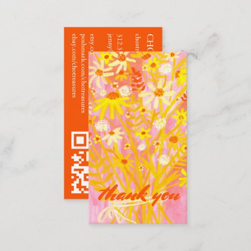 Order THANK YOU Watercolor Daisy Bouquet QR Code Business Card