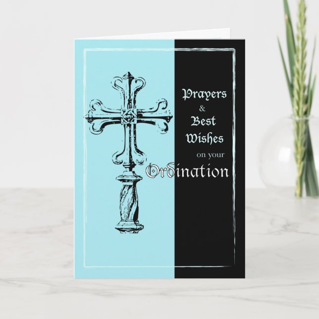 Ordination Congratulations Cross on Blue and Black Card (Front)