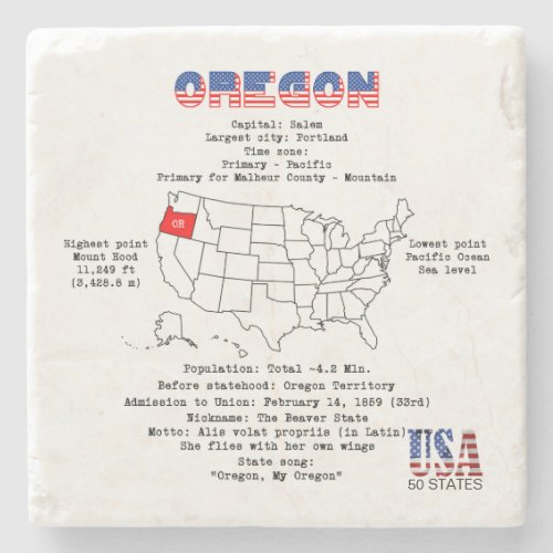Oregon American state on a map and useful info Stone Coaster