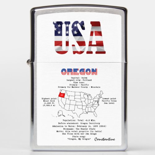 Oregon American state on a map and useful info Zippo Lighter